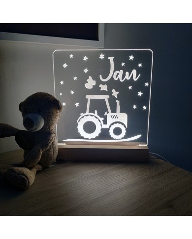 Lámpara infantil en metacrilato transparente con base de madera - modelo tractor