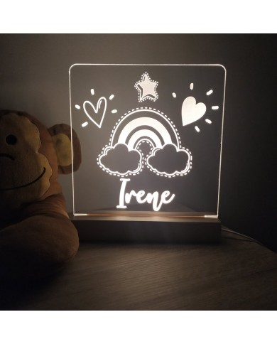 Lámpara infantil en metacrilato transparente con base de madera - modelo arcoíris
