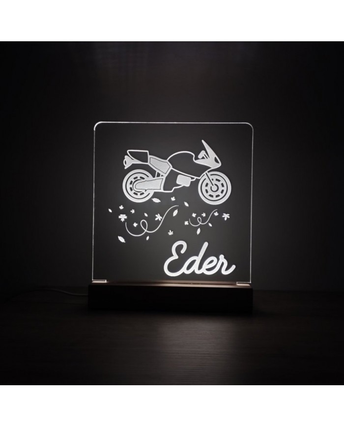 Lámpara infantil en metacrilato transparente con base de madera - modelo moto